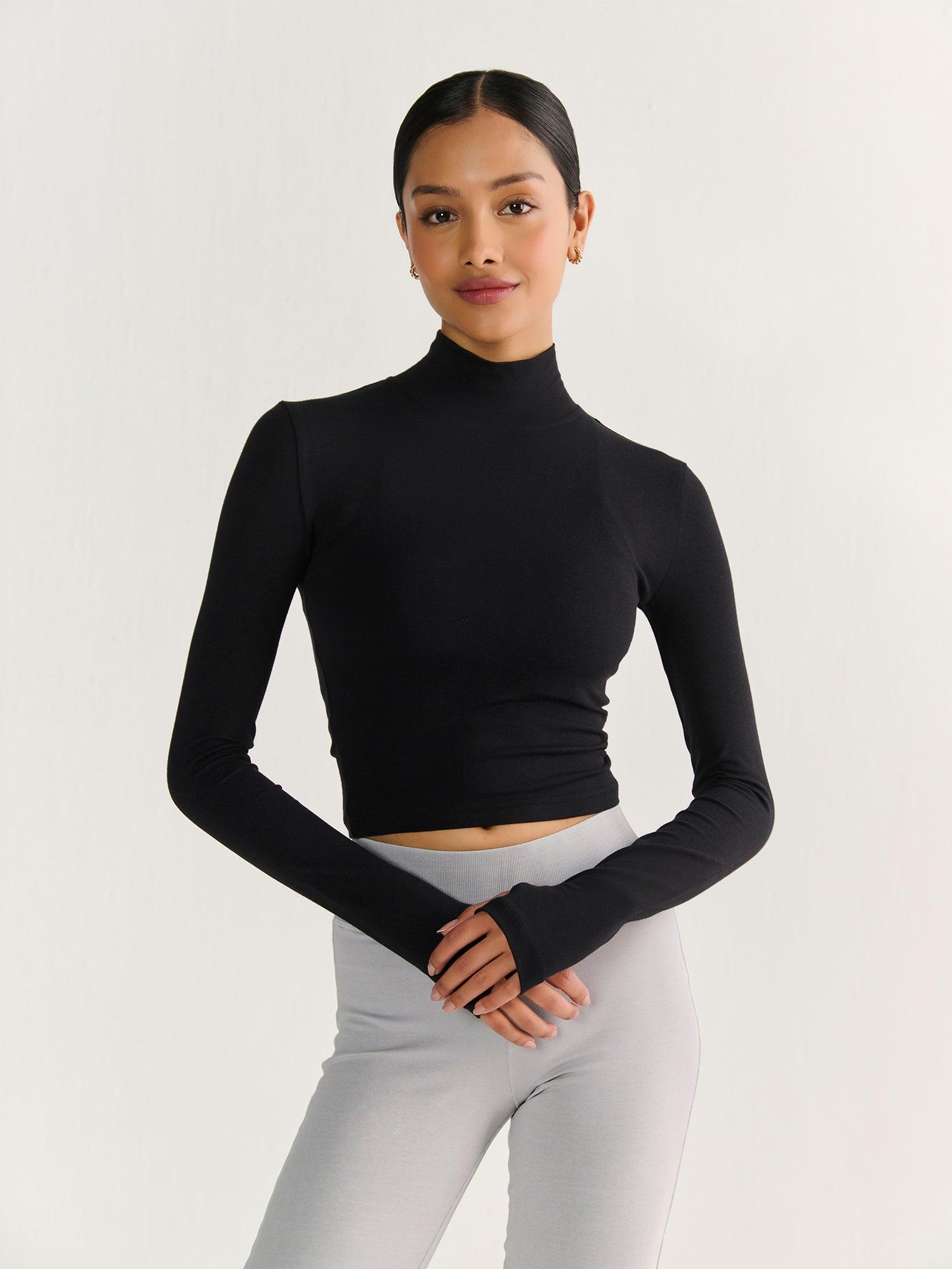 High Neck Long Sleeve Crop | Black - product media