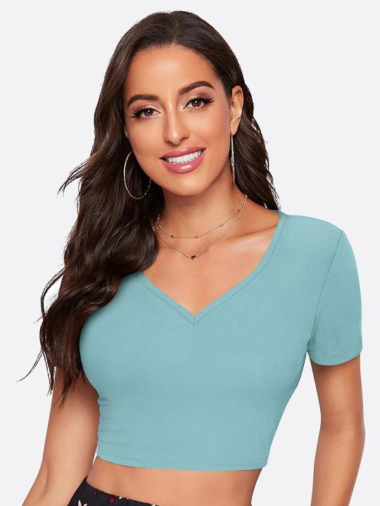 V-Neck Short Sleeves Fitted Crop Top - product media