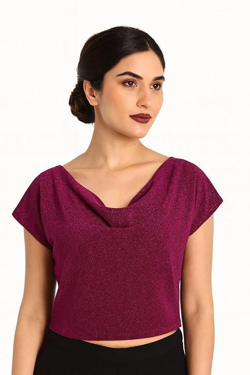 Elegant Draped V-Neck Crop Top, Burgundy Shimmer, Short Sleeve - product media